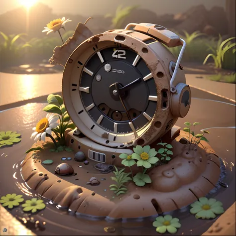 An abandoned demolition alarm clock is half buried in the mud，Build nests for insects，There are flowers growing on it, isometry，high-angle, Big surreal，Realistic 3D game art，True light，warm sunlight