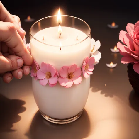 Photo of realistic hand holding flower candle, Vela rosa, vela com glitter, vela com chama iluminada, super realista, Hiper realista, 8k.