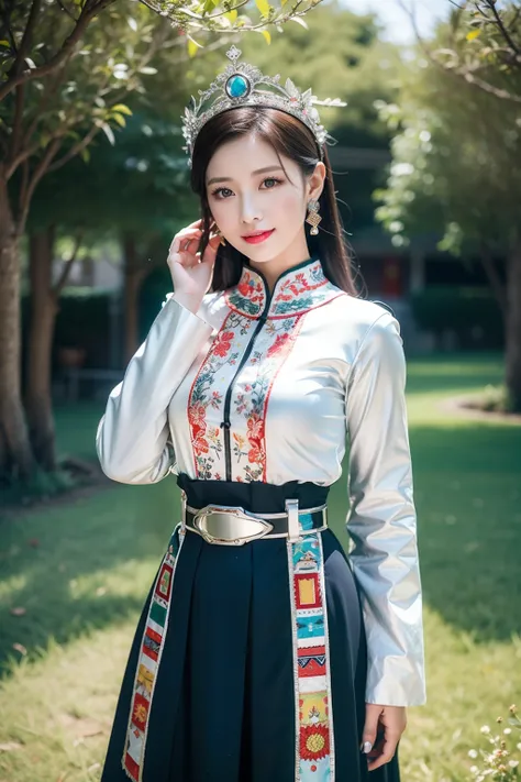 （8K分辨率，Vista full body photo），（1womanl，20yr old，详细的脸，Redlip，Fair smooth skin，（Classic Hmong costume：1.4，（nedium breasts、The back is decorated with floral fabric，The cuffs are multi-colored horizontal strips，Cardigans，Short waist long version），Headband silv...