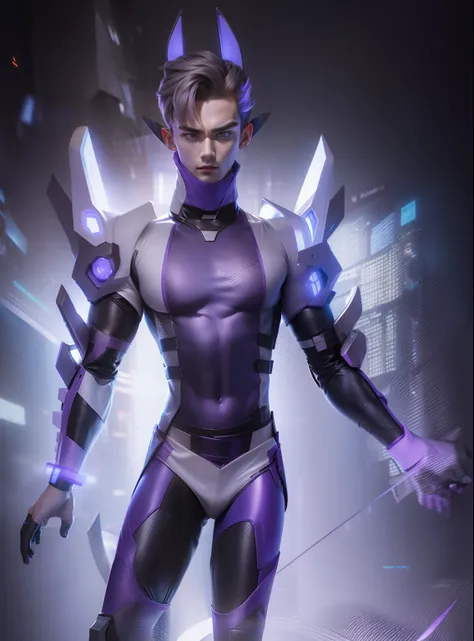 Sculptural model design，Escultura，male people，Handsome，Future tech wind，cyber punk perssonage，Wu Yifan（Exposing the pectoral muscles）musculous，（Blank background）The head is decorated with ear shapes，The clothes are gray，white colors，purpleish color，blue co...