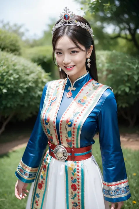 （8K分辨率，Vista full body photo），（1womanl，20yr old，详细的脸，Redlip，Fair smooth skin，（Classic Hmong costume：1.4，（nedium breasts、The back is decorated with floral fabric，The cuffs are multi-colored horizontal strips，Cardigans，Short waist long version），Headband silv...