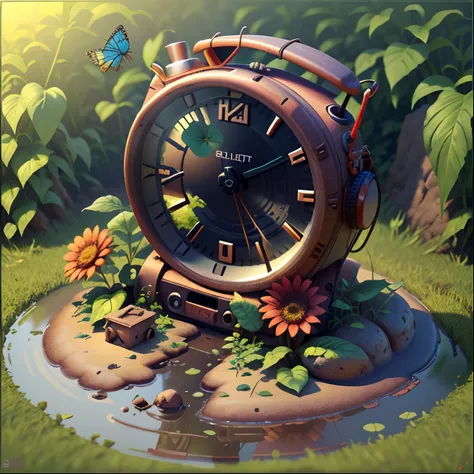 An abandoned alarm clock is half-buried in the mud，Build nests for insects，There are flowers growing on it, isometry，high-angle, Big surreal，Realistic 3D game art，True light，warm sunlight