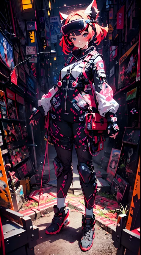 ((cyberpunked)),Optical camouflage、VR Goggles、Neon light、City of the Future、Glowing jumpsuit、(1girl in, Solo:1.6),(Cute smile),(Clothes are simple), (Best Impact:1.5), (maximalism:1.7), Vivid contrast, (Realistic), hyperrealistic illustrations, hight resol...