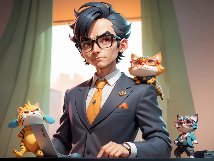 A young man in a suit, Short hair and glasses sat at his desk，holding laptop，digitial painting，tigre，3D character design by Mark Clairen and Pixar and Hayao Miyazaki and Akira Toriyama，4K HD illustration，Very detailed facial features and cartoon-style visu...