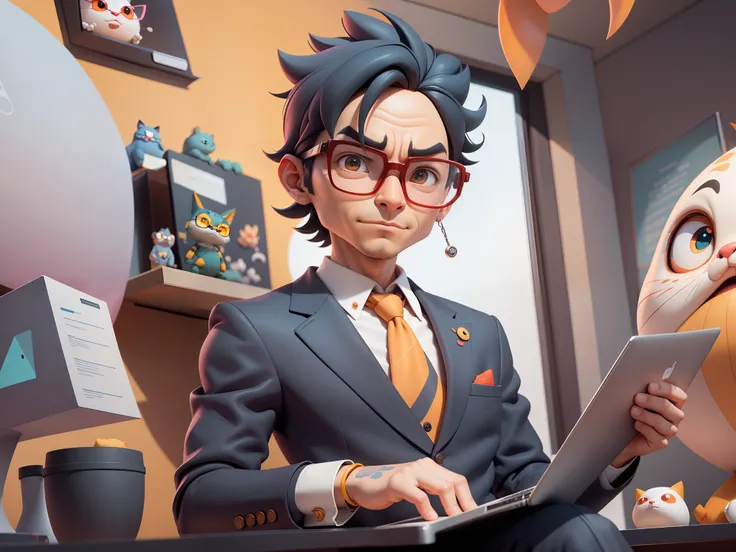 A young man in a suit, Short hair and glasses sat at his desk，holding laptop，digitial painting，tigre，3D character design by Mark Clairen and Pixar and Hayao Miyazaki and Akira Toriyama，4K HD illustration，Very detailed facial features and cartoon-style visu...