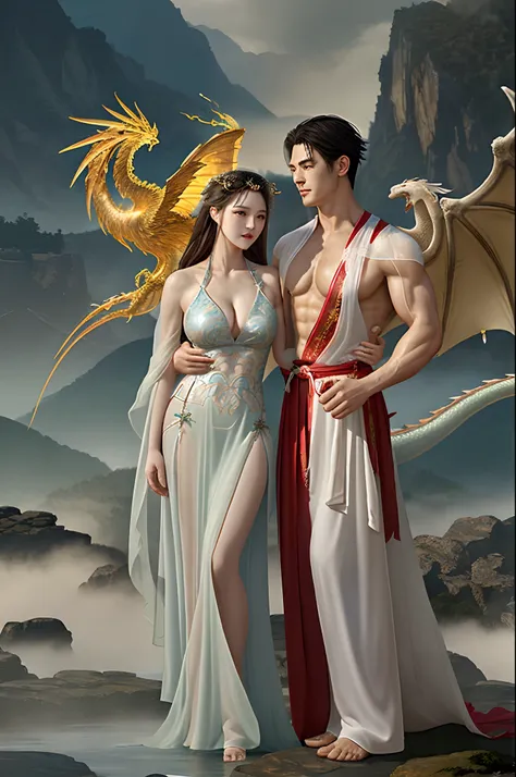 (couple cuddling) rough man Zeus muscles naked, beauty, sexy, big breasts, cleavage, bare legs, see-through, arms open, standing, hanfu, wet, clear, realistic, highest detail, Chinese mythology, dragon pattern, phoenix, sacred, holy, mountains