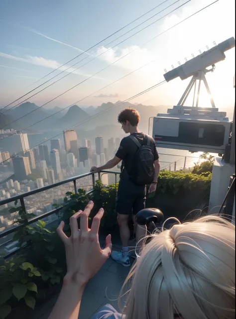 high resolution, best quality, master part, Ultra alta qualidade, ultra detalhe, ultra realistic, ..3d, anime, (Looking at camera), por do sol, bondinho no fundo, Cristo redentor no fundo, Rio de janeiro, put lighting on the smartphone screen