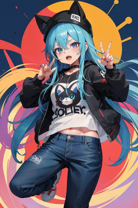 Chica de anime Neko orejas con Blue Hair, Cabello ahoge, saludando al espectador , feliz, Winking, gorro negro, con detalles en rojo chaqueta blanco con negro, jeans azules, zapatillas deportivas, manos perfectas, ojos perfectos, tetas medianas, With Heter...