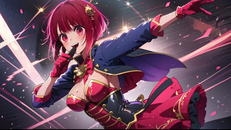 best quality, masterpiece, 2d, masterpiece, best quality, anime, highly detailed, cowboy shot, 1girl, solo, looking at viewer, smile, red hair and a red eye, happy, sweating, posing, ((red dress)), (((pink gloves))), dancing, singing, glow, on stage, hair ...