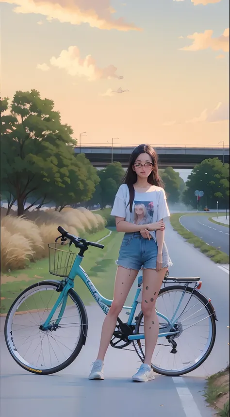 Pintura de una mujer parada junto a una bicicleta en una carretera, Obras de arte al estilo de Guweiz, Pintado en Anime Painter Studio, Alabanza Artstyle, realismo artstyle, Hecho con Anime Painter Studio, Paisaje de Ilya Kuvshinov, Bicicleta en el fondo, ...