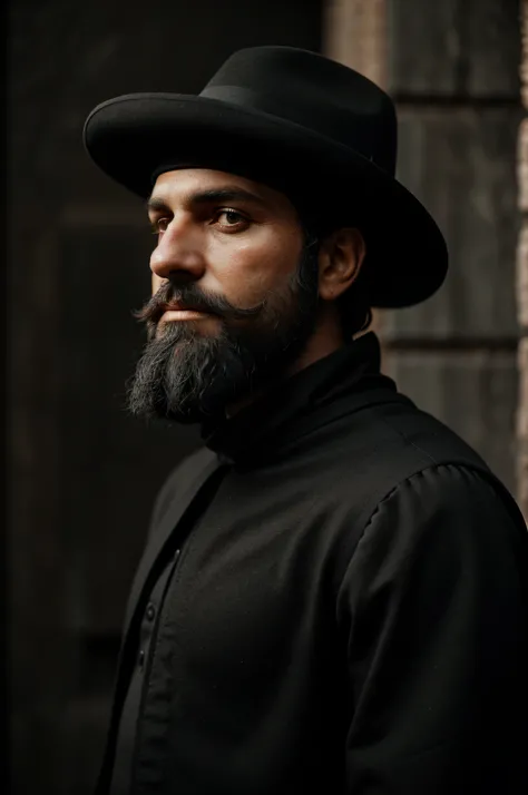 puritan man, academic, masterpiece, best quality, ultra detailed, black toga, black hat, all body, black beard, style (look at viewer: 1.2) (skin texture) (film grain: 1.3), (warm tone, warm tone)