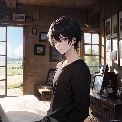 Chico de pelo negro, ojos rojos, cabello hermoso, detallado, la mejor calida, anime, ,paisaje campo, cabin,un hombre, joven ,hombre