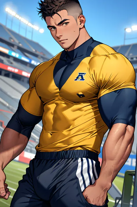 Draw a full-fledged athlete，Stand on the central field of the gym，He wears high-end sportswear，The man looks confident and determined，looking-down，Crew cut，full bodyesbian，shooting from below，