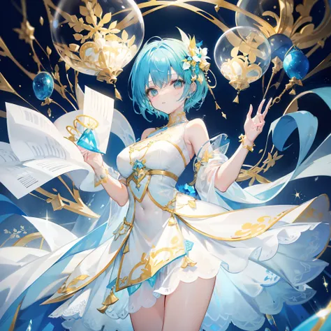 Transparent glue-like bluish yellow glow curved short hair，Wear a white dress with plenty of gold ornaments and transparent gummy blue ornaments，Looks slightly cute