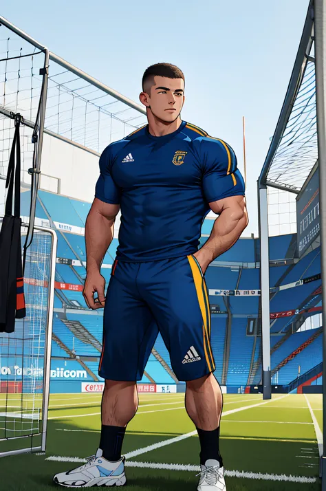 Draw a full-fledged athlete，Stand on the central field of the gym，He wears high-end sportswear，The man looks confident and determined，looking-down，Crew cut，full bodyesbian，shooting from below，