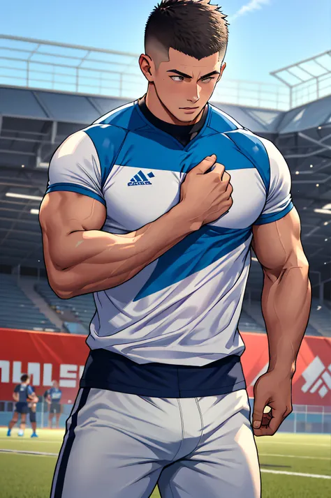 Draw a full-fledged athlete，Stand on the central field of the gym，He wears high-end sportswear，The man looks confident and determined，looking-down，Crew cut，full bodyesbian，shooting from below，