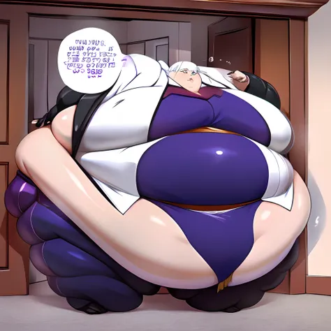 Anime,(( Solo,1Male)), long white hair , in a Ponytail , purple and White suit with Tailcoat, purple crystals, Evil ,  full body,((Masterpiece)),( High Aesthetic), ((highest quality)),fat,belly_bigger_than_body,hyper_hips ,over hang ,fat face , double chin...