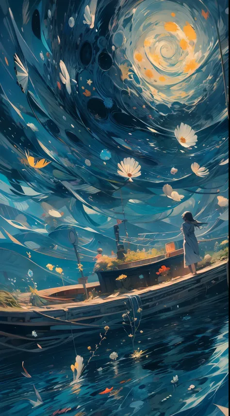 action  shot, Humans swim surrounded by hordes of whales , Spiral mode, Underwater perspective, Look up at the sky under the sea, HD authentic Van Gogh sky,Capture a captivating depiction of Vincent van Goghs iconic starry night,vibrant, Blue and yellow li...