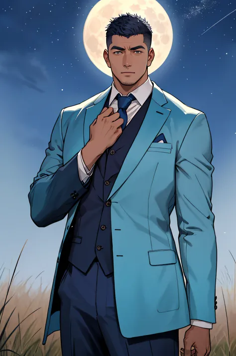 Draw a full-fledged table tennis player，Standing on the steppe at night，He wears the same suit as the president of the country，The suit fits perfectly，The man looks confident and determined，looking-down，Crew cut，full bodyesbian，Stars dot the sky，shooting f...