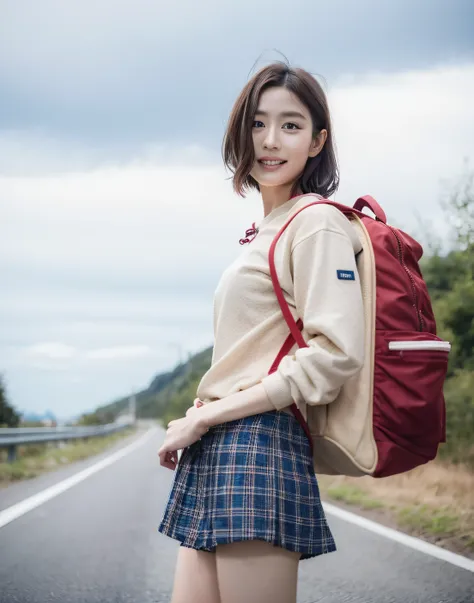 There is a woman standing on the road with a backpack, wearing dirty travelling clothes, Young skinny gravure idol, Young Pretty Gravure Idol, Realistic Young Gravure Idol, Yasumoto Oka, Young Sensual Gravure Idol, 奈良美智, Young Gravure Idol, Japanese Models...