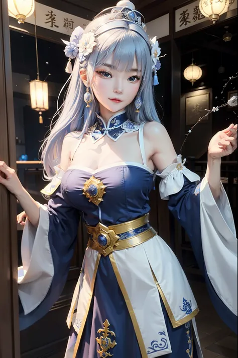 Ancient style of the Tang Dynasty in China，2D Screen，A beautiful female figure，There is a suspended crown on the head，Has blue-white hair，Wearing a blue and white cheongsam，perfectly proportions，PBR textures、post-proces、Anisotropy Filtering、depth of fields...