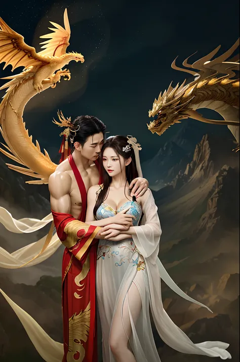 (couple cuddling) rough man Zeus muscles naked, beauty, sexy, big breasts, cleavage, bare legs, see-through, arms open, standing, hanfu, wet, clear, realistic, highest detail, Chinese mythology, dragon pattern, phoenix, sacred, holy, mountains