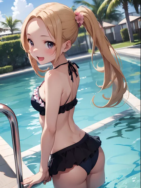 top-quality、masutepiece、8K、Pastel tones、girl with、a blond、(long twintail)、(Bring out your forehead:1.2)、Very long hair、Resort Pool、Bikini with floral ruffles、middlebreast、s ass、Turned、Dynamic Styles、Open your thin mouth、ssmile