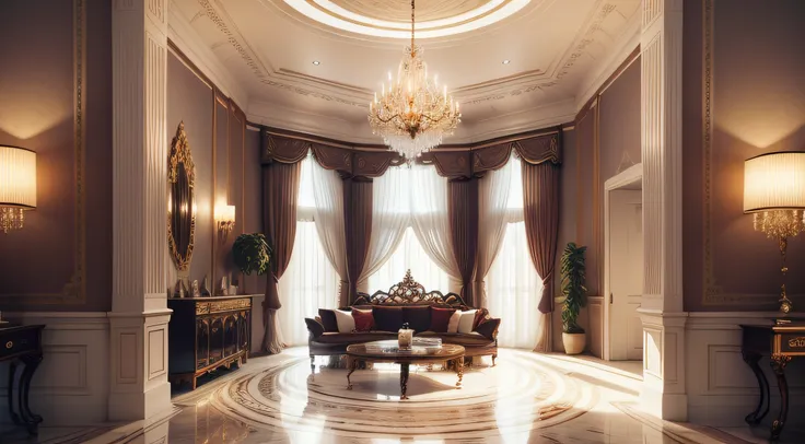 After entering the living room of the villa, You are greeted by pristine polished marble floors, Soaring plaster ceilings and glittering crystal chandeliers stand out. Your gaze is drawn to a delicate and detailed mural, Depicting classical scenes with ext...