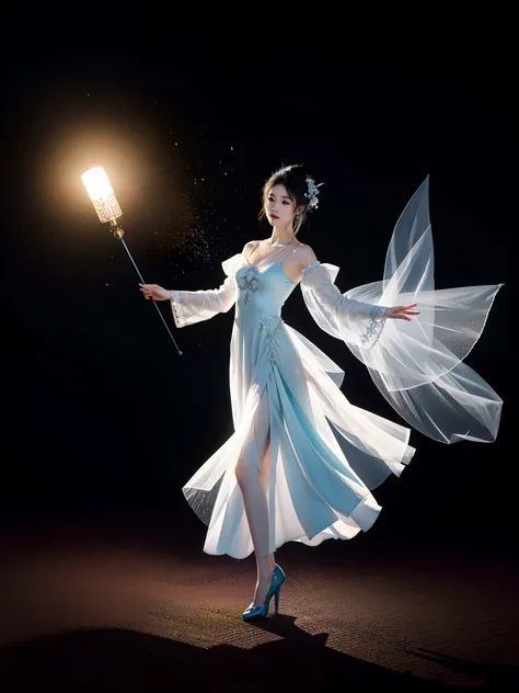 Chinese fairy，Float in the air，Her clothes were made of light tulle，Clothes are fluttering，The sleeves of the clothes are very long，The fairys legs are beautiful，The fairy wore a classical Chinese bun