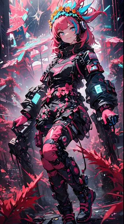 ((cyberpunked)),((flowercrown)),Optical camouflage、headset on head、Neon light、City of the Future、Glowing jumpsuit、(1girl in, Solo:1.6),(Cute smile),(Clothes are simple), (Best Impact:1.5), (maximalism:1.7), Vivid contrast, (Realistic), hyperrealistic illus...