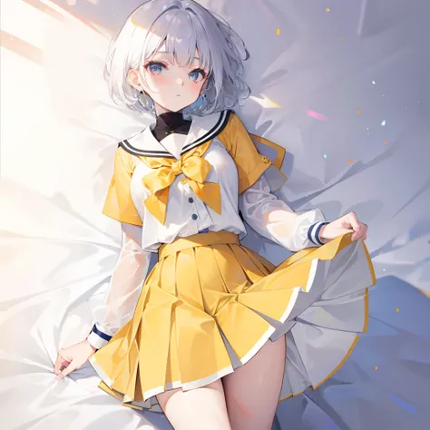 Seven colors of short hair，Wear a yellow apricot JK uniform and a white pleated skirt，and over-the-knee white silk，Looks dignified and cute，A little sweet