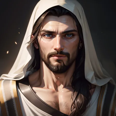 Homem com cabelos longos e barba, Retrato de Jesus Cristo, Jesus Cristo, bonito impressionante realista, rosto de jesus, jesus of nazareth, pintura digital realista, Vestido como Jesus Cristo, Jesus Cristo em Mass Effect, pintura digital ultra realista, by...