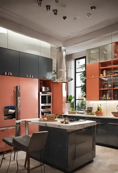 modern kitchen，Gorgeous renovation，Refrigerator，cupboard，Wide scene，in a panoramic view，from outside, UHD, high details