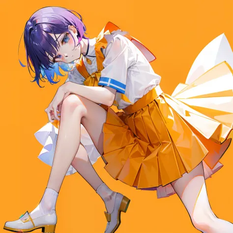 Fluorescent red, orange, yellow, green, blue, and purple short hair，Wear a yellow apricot JK uniform and a white pleated skirt，Knee-length white silk，Looks dignified and cute，A little sweet