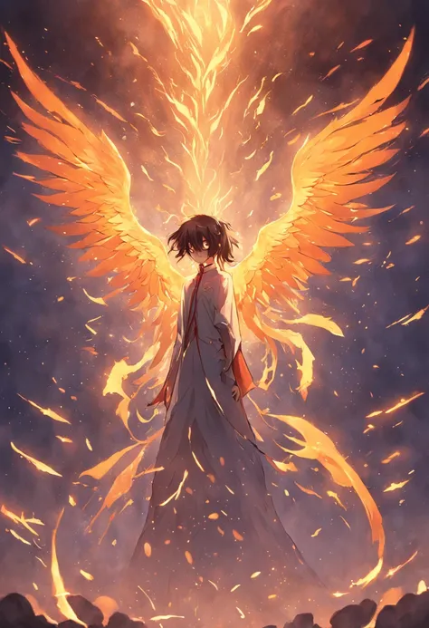 （Divine bird），（Fire Phoenix），（The fire outlined the phoenixs body)，The phoenix flaps its wings，(Shining with golden light)，solo,nigth,Multiple silhouettes，First-person elevation angle，super detailing，best qualtiy，masterpiece，（8K)，Extremely detailed，Epic ar...