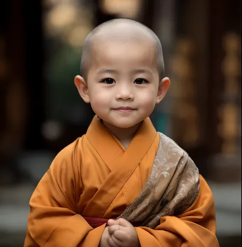 Alafard child in a robe standing in front of the waterfall, buddhist monk, monk clothes, portrait of monk, wearing brown robes, monk, Buddhist, Serene expression, 2 1 st century monk, portrait shooting, a serene smile, little boy wearing nun outfit, peacef...