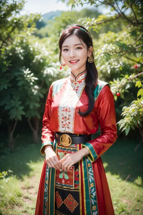 （8K分辨率，Vista full body photo），（1womanl，20yr old，s delicate face，详细的脸，Redlip，Fair smooth skin，（Classic Hmong costume：1.4，（The clothes are decorated with floral fabrics，The cuffs are multi-colored horizontal strips，Cardigans，Short waist long version），Headban...