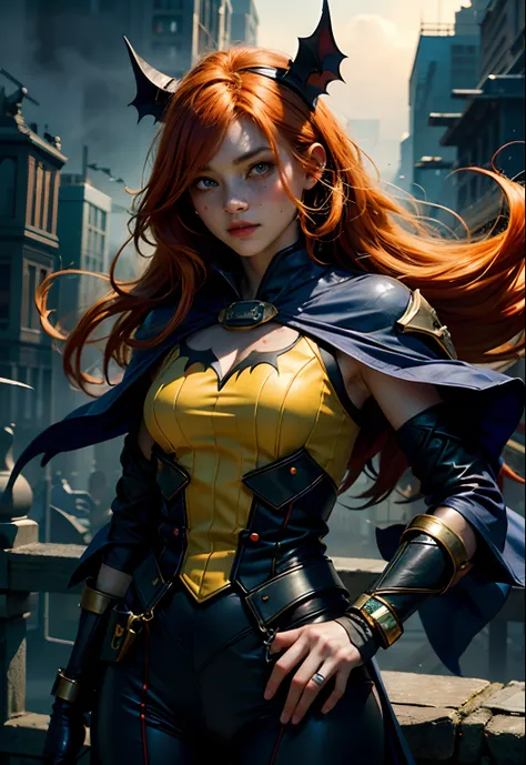 Top quality，movie atmosphere，cinematic details。Fog City。There is a warm dawn，And bats flying。Very beautiful orange haired girl，With freckles，green-eyed，With bat cover。Dressed in a blue-purple hero costume，There is also a yellow bat symbol on the chest，yell...