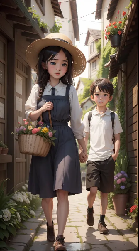 The village pathway where a girl accidentally bumps into a boy, dropping her basket of flowers while he extends a hand to help her, their eyes meeting for the first time.