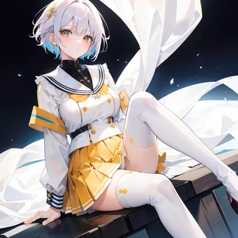 Short and colorful hair，Wear a yellow apricot JK uniform and a white pleated skirt，and knee-high white silk，Looks dignified and cute，A little sweet