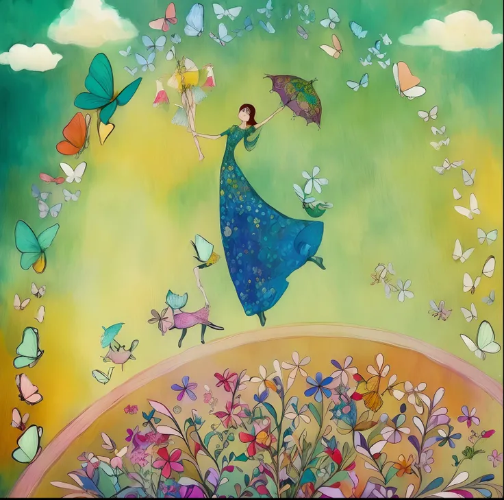 Painting of a woman in a dress flying over a rainbow, inspirado em Ida Rentoul Outhwaite, arte caprichosa, caprichoso!!, Fadas Voadoras, pintura de conto de fadas, ilustrado em estilo caprichoso, caprichoso!!!, Directed by: Fiona Rae, Jane Newland, caprich...