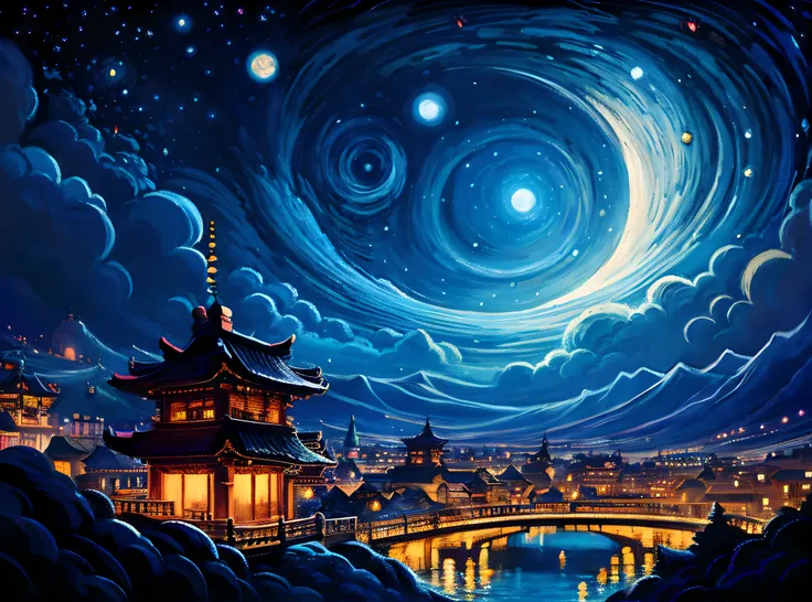 Night view with pagoda and bridge over the river, studio ghibli and dan mumford, painting by dan mumford, 4k highly detailed digital art, landscape artwork, dan mumford paint, nighttime scene, stunning art style, highly detailed digital painting, detailed ...