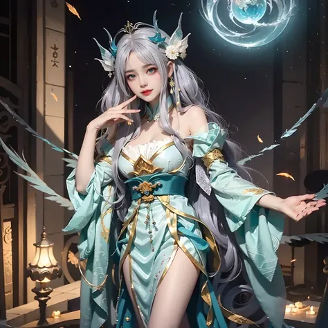 Un primer plano de una mujer disfrazada en un escenario, Xilaxia de cuerpo completo, Hermoso Mago Celestial, a stunning young ethereal figure, a beautiful empress of fantasy, Ropa de bruja astral, Sha Xi, flowing magical robe, Hanfu blanco, xianxia fantasy...