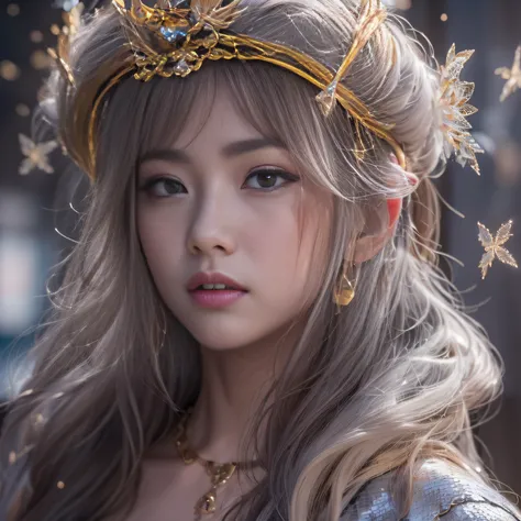 32K（tmasterpiece，k hd，hyper HD，32K）short detailed hair，Gold jewelry area in the back room，Flame Girl ，Yao Lang protector （realisticlying：1.4），Python pattern robe，Purple-pink tiara，Snowflakes fluttering，The background is pure，Hold your head high，Be proud，Th...