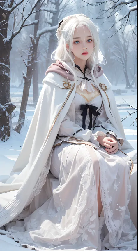 Photorealistic, high resolution, 1 Women, Solo, Hips up,(Lolita costume)， Beautiful eyes, White hair, ringed eyes, (Sit，Cloak，)，snowfield，