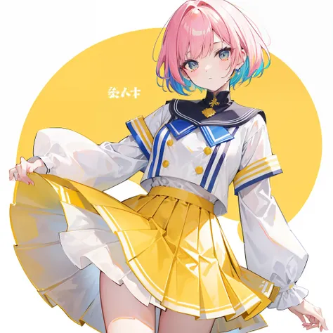 Colorful and colorful short hair，Wear a yellow apricot JK uniform and a white pleated skirt，Knee-length white silk，Looks dignified and cute，A little sweet