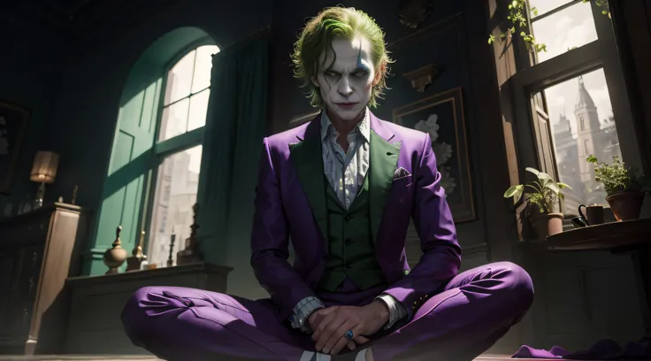 Joker sitting on the floor in purple suit and tie, Retrato do Coringa, coringa, O Coringa, Batman como o Coringa, Retrato do Coringa, O Coringa como Batman, como o coringa, 8 k arte conceitual de alto detalhe, Retrato de um Coringa, 8k arte detalhada de al...