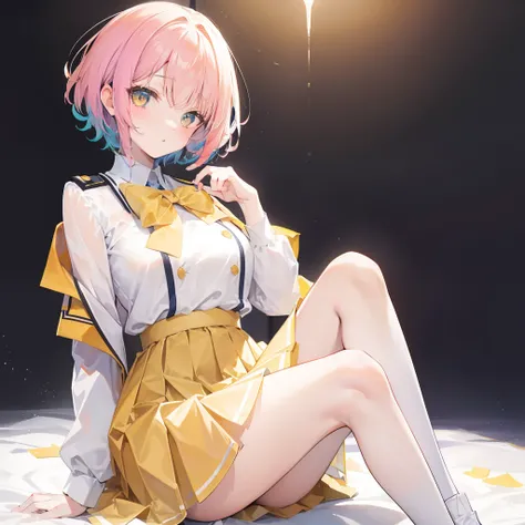 Short colorful hair，Wear a yellow apricot JK uniform and a white pleated skirt，Knee-length white silk，Looks dignified and cute，A little sweet，Moe Moe