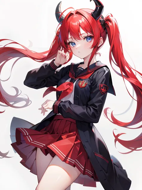 red hair, blue eyes, twintails, Sailor suit,black coat, Dragon horns,Pleated skirt,solo,loli,cute,bow