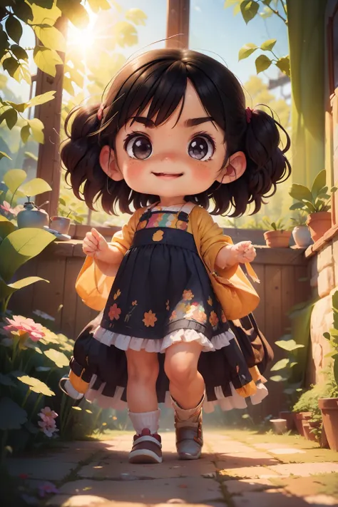 Childrens art graphic novel, Very cute, Caricature, Wear a long sun-covered colorful dress，With plants, determined expression, Furrowed eyebrows, confident smile, and a slightly raised nose, ready for action. She has long black hair，By bangs, Buccal nevi, ...